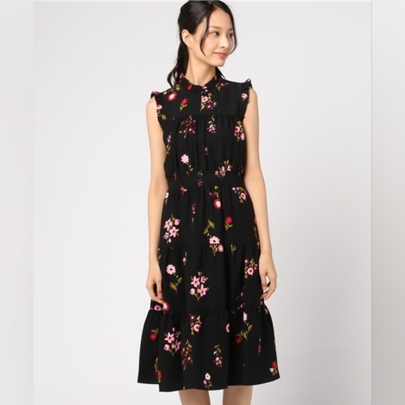 Kate Spade In Bloom Smocked Waist Black Floral Knee Length Dress Womens Size XXS - Picture 7 of 12